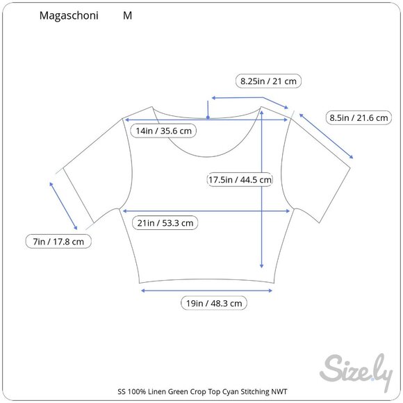 Magashoni Short Sleeve 100% Linen Green Crop Top Cyan Blanket Stitching Med NWT - Picture 7 of 8